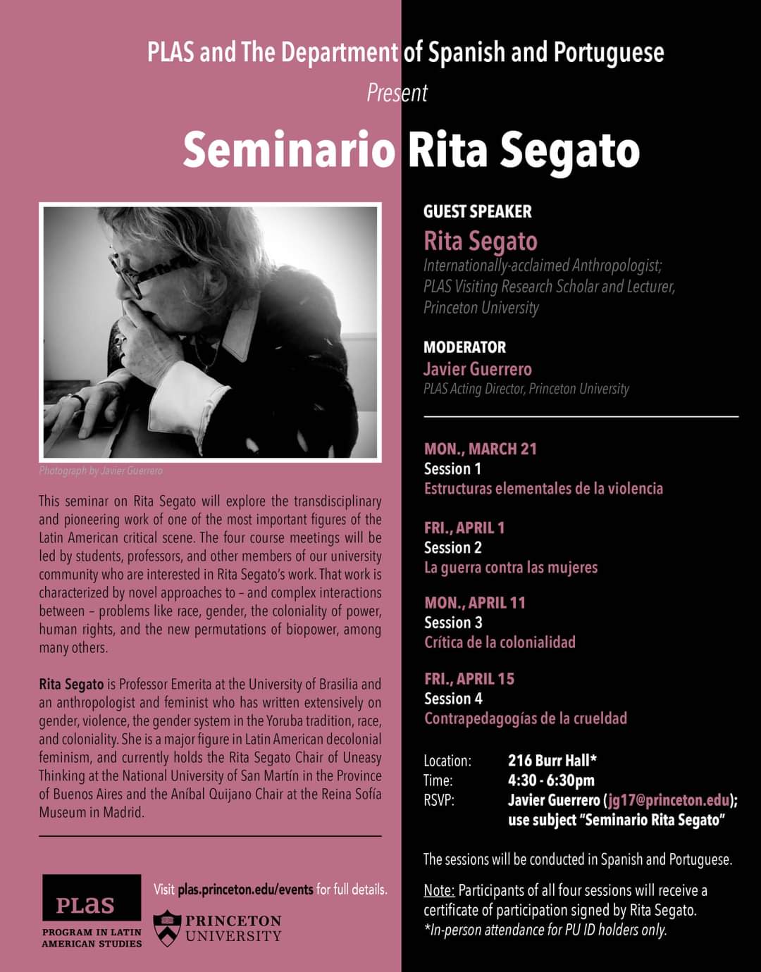 Volante del "Seminario Rita Segato", difundido por el Programa de Estudios Latinoamericanos de la Universidad de Princeton.