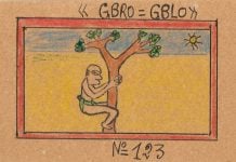 "GBRO=GBLO N° 123", serie ‘Alphabet Bété’ (1991); Frédéric Bruly Bouabré. Exposición ‘Frédéric Bruly Bouabré: World Unbound’; Museo de Arte Moderno de Nueva York (IMAGEN www.moma.org)
