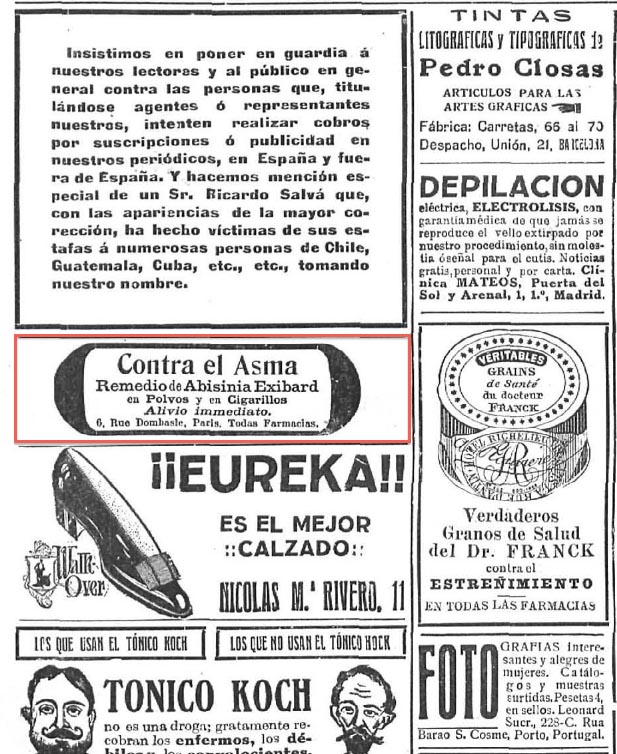 Anuncio de Abisinia Exibar en la prensa cubana de la época
