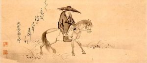 Matsu Bashō montando a caballo, dibujo por Sugiyama Sanpu