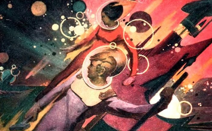 'Trabajadores espaciales socialistas', ilustración de Gennady Golobokok, 1973