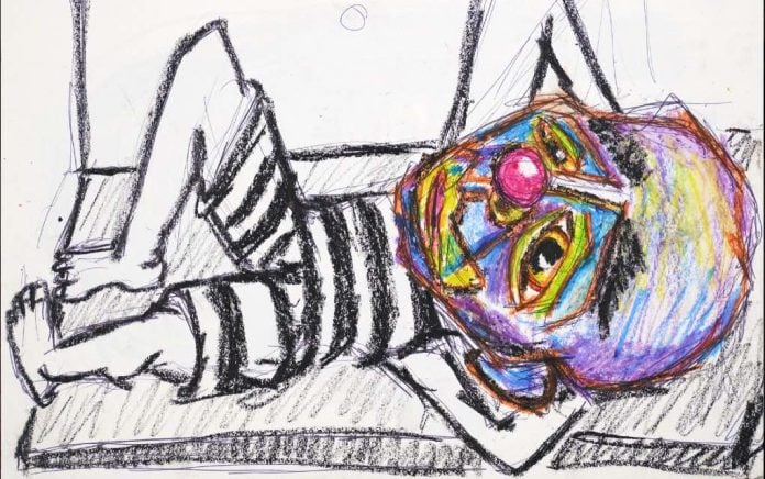 S/T (2021. Tinta, grafito y crayola sobre papel, 18 x 24 cm). De la serie ‘Payasos’ (realizada desde la cárcel); Luis Manuel Otero Alcántara
