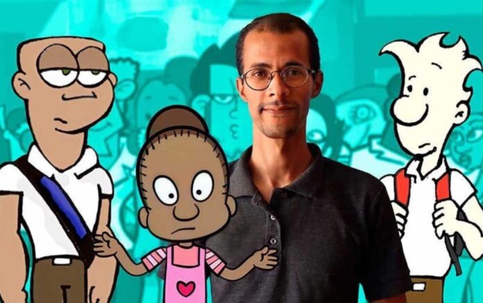 Víctor Alfonso Cedeño junto a sus personajes Víctor Alfonso Cedeño junto a sus personajes