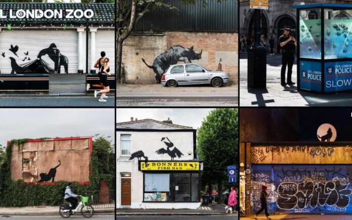 Algunos grafitis de Banksy en las calles de Londres, 2024