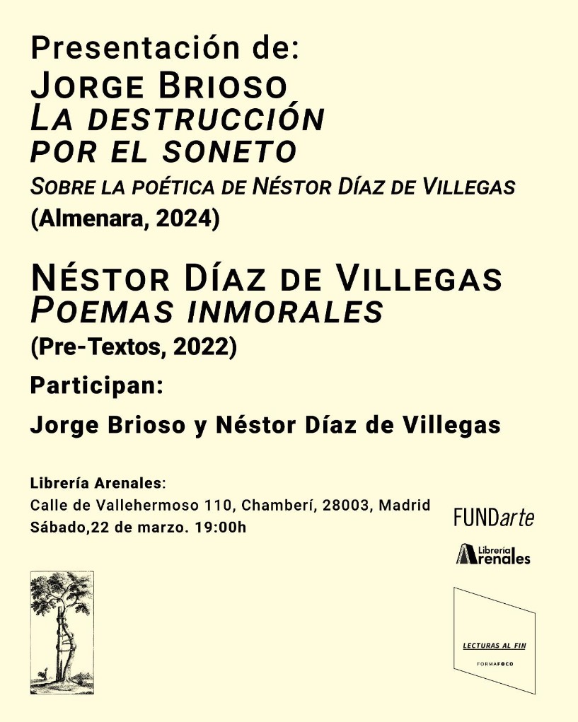 Presentación del libro ‘La destrucción por el soneto. Sobre la poética de Néstor Díaz de Villegas’ (Almenara Press, 2024), de Jorge Brioso, en Librería Arenales de Madrid