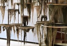‘El ritmo de la resiliencia’ es la nueva exhibición en EE.UU. de la artista multidisciplinaria cubana Elizabet Cerviño 'Goteras sobre un pantano' (obra en proceso, mayo de 2026); Elizabet Cerviño. Forma parte de 'The Rhythm of Resilience', en HC Ybor City Gallery