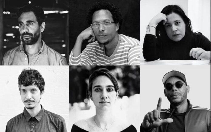 Seis de las diez integrantes de la tercera cohorte del  Programa de Becas de Resiliencia de ARC – Artists at Risk Connection (de izq. a der. y de arriba a abajo: Luis Alejandro Yero, Ahmel Echevarría Peré, Katherine Bisquet, Julio Llópiz-Casal, Camila Ramírez Lobón y Eliécer Márquez Duany, alias “El Funky”)
