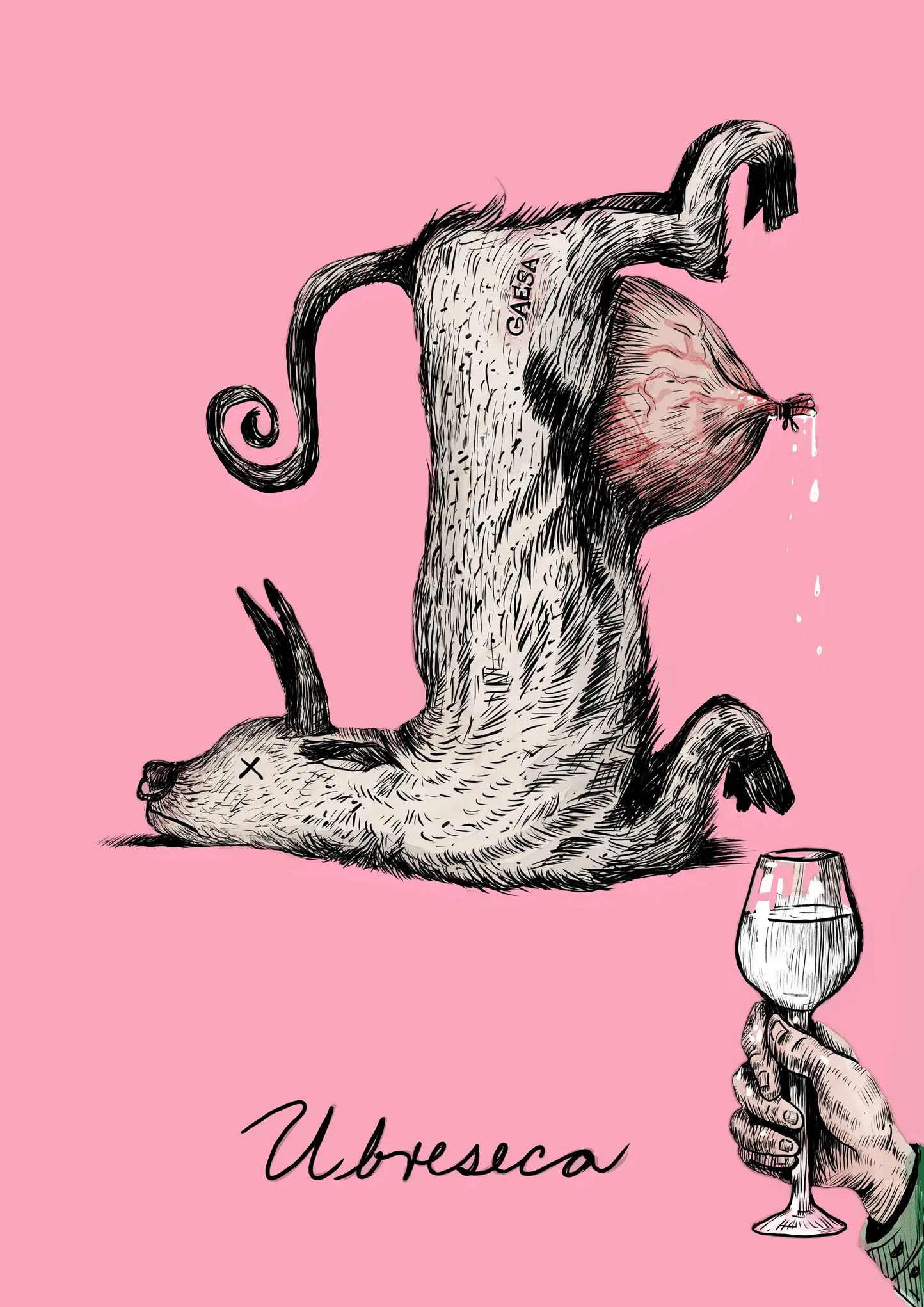 Ubreseca, la vaca Ubre Blanca con la ubre seca; dibujo de Nayer Ghidorah