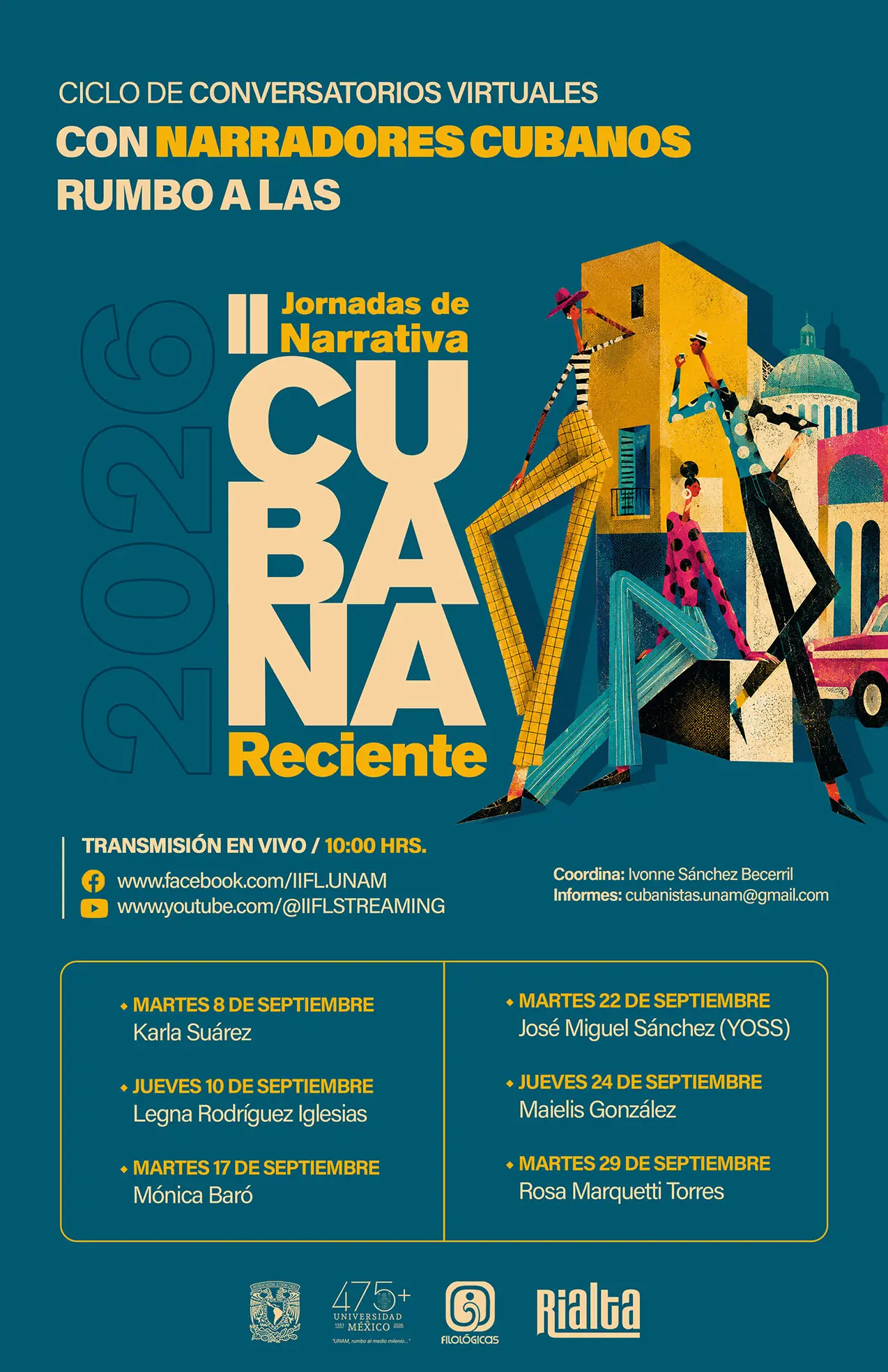Cartel del ciclo de conversatorios virtuales con narradores cubanos rumbo a las II Jornadas de narrativa cubana reciente, UNAM, septiembre de 2026