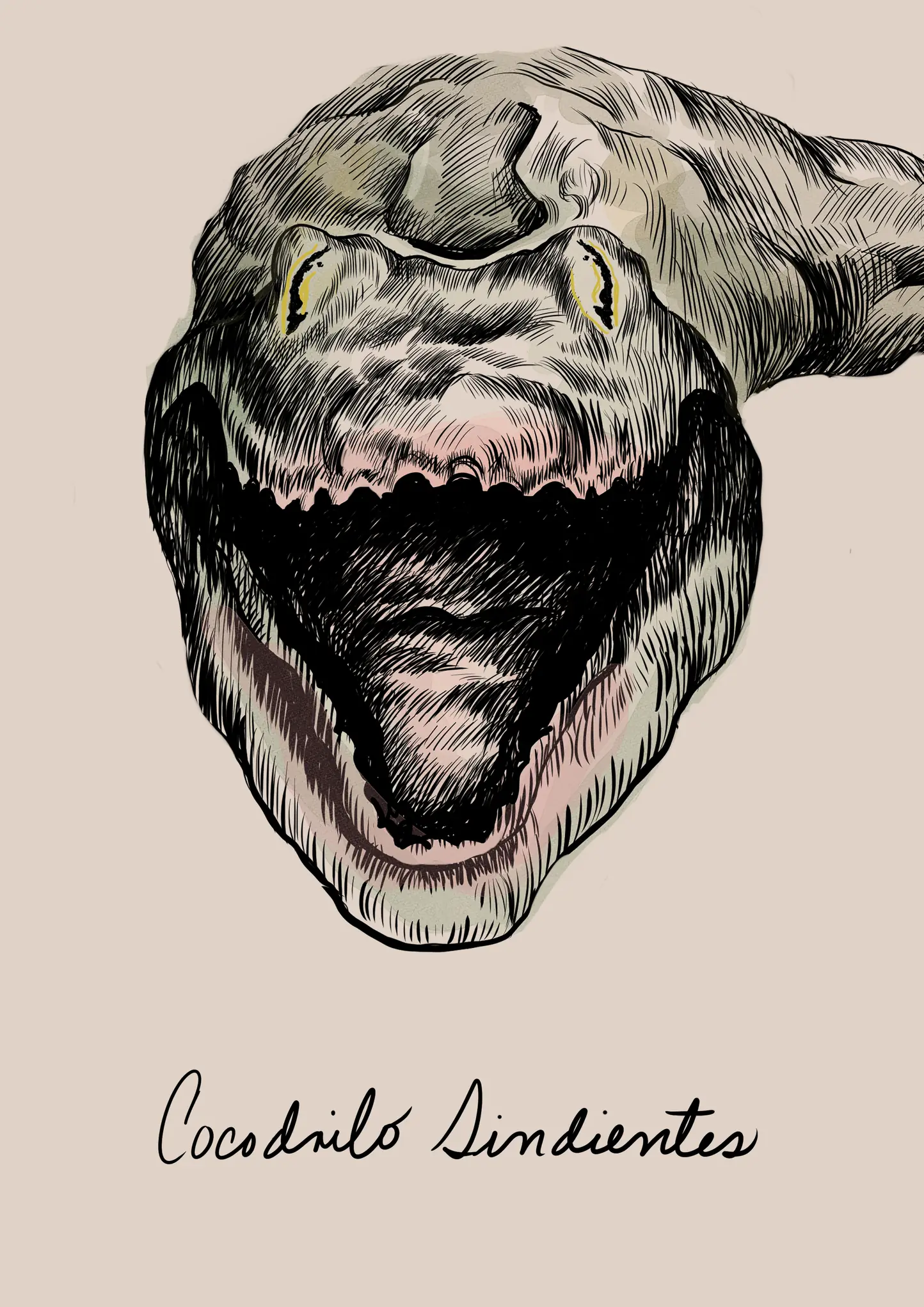 Cocodrilo Sindientes, un cocodrilo de frente con las fauces abiertas y sin dientes; dibujo de Camila Lobón