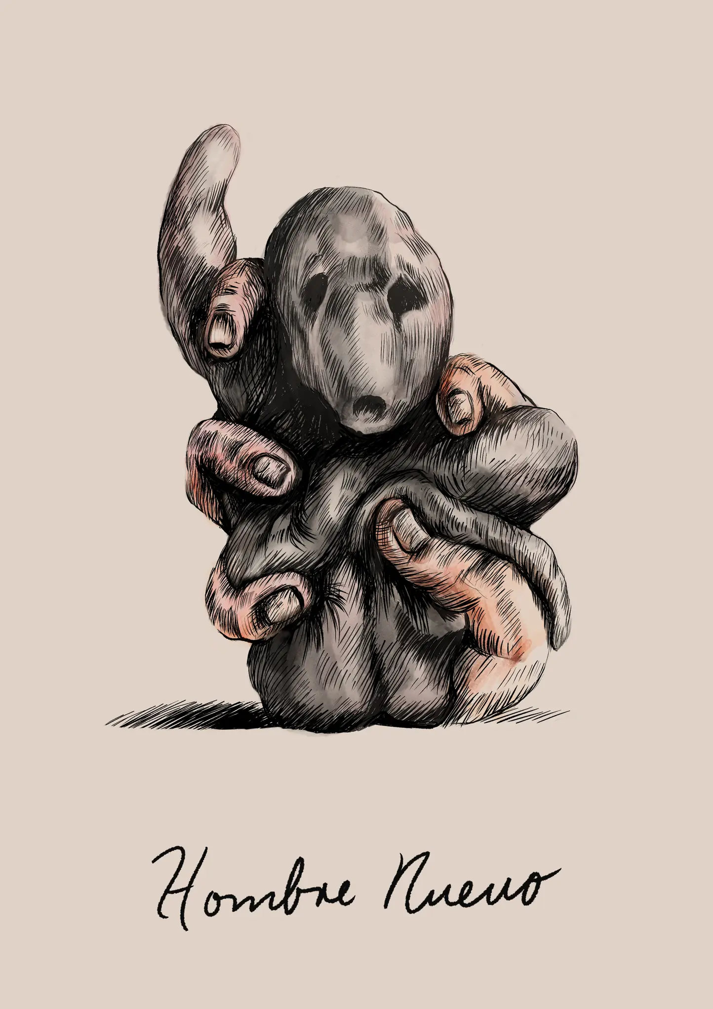 Hombre Nuevo, un bulto de arcilla gris con rostro de máscara, moldeado por dedos que se hunden en él; dibujo de Camila Lobón