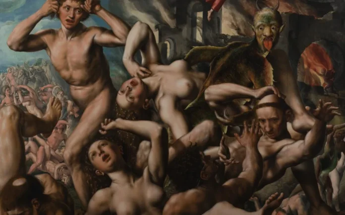 Detalle de una pintura manierista con una multitud de figuras en tormento y un demonio cornudo, de la exposición sobre el taller de Jan y Catharina van Hemessen en Amberes.