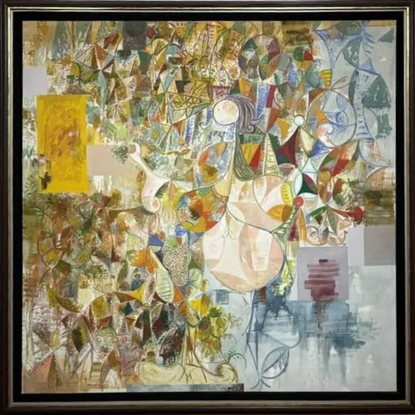 Cuadro sin título de la serie Una visita al Museo de Arte Tropical, de Flavio Garciandía, con una selva de facetas y un rectángulo amarillo